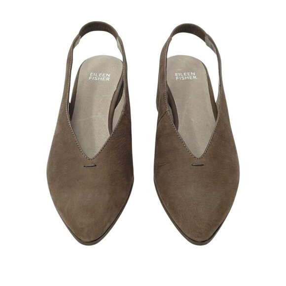 NWOT Eileen Fisher Devi Taupe Gray Tumbled Nubuck Leather Slingback Wedges 7.5 - Picture 3 of 9